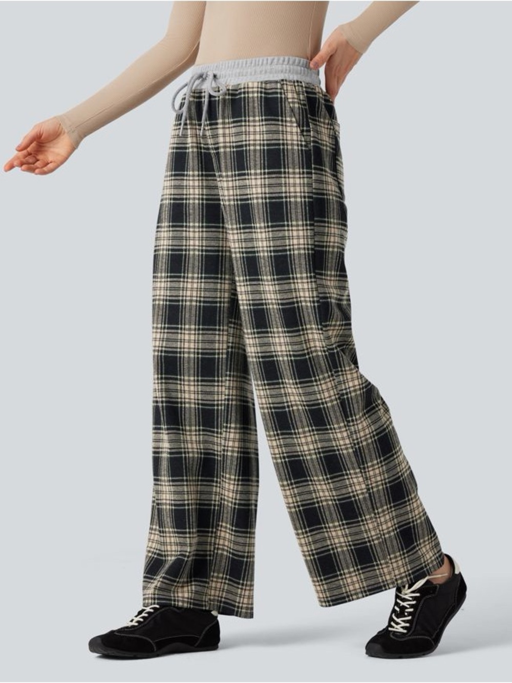 Halara Flex™ Mid Rise Drawstring Wide Leg Plaid Work Pants with Pockets medium